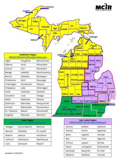 Map of Michigan Counties. The state is separated into 3 zones that correspond to the Education and Training Analyst geographical areas for the MCIR East Central, MCIR South, and MCIR North West regions.